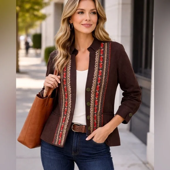 David Brooks 100% Wool Embroidered Cardigan Sweater Jacket Brown Floral Size L - Picture 1 of 12